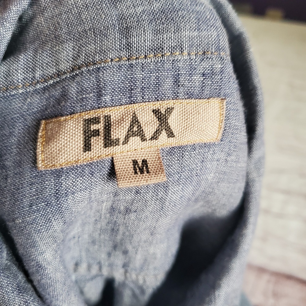 Flax Blue Linen Button Down Tunic Shirt Breathable Long Sleeves Chambray Medium - Picture 6 of 10